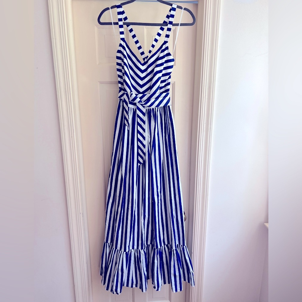 J. Crew Blue and White Striped Tiered Maxi Dress